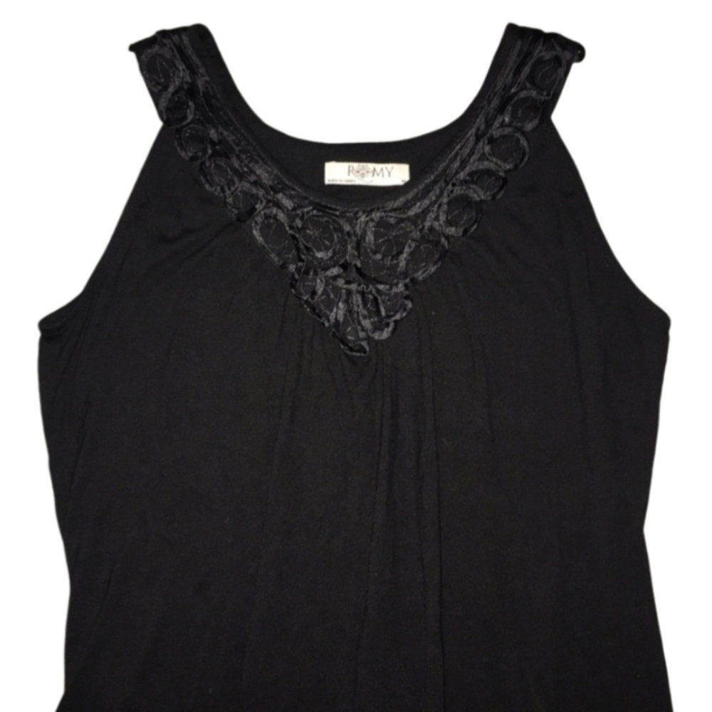 ROMY Black Tank Top Sleeveless V-Neck Statement Flowey Tunic Womens Size Medium